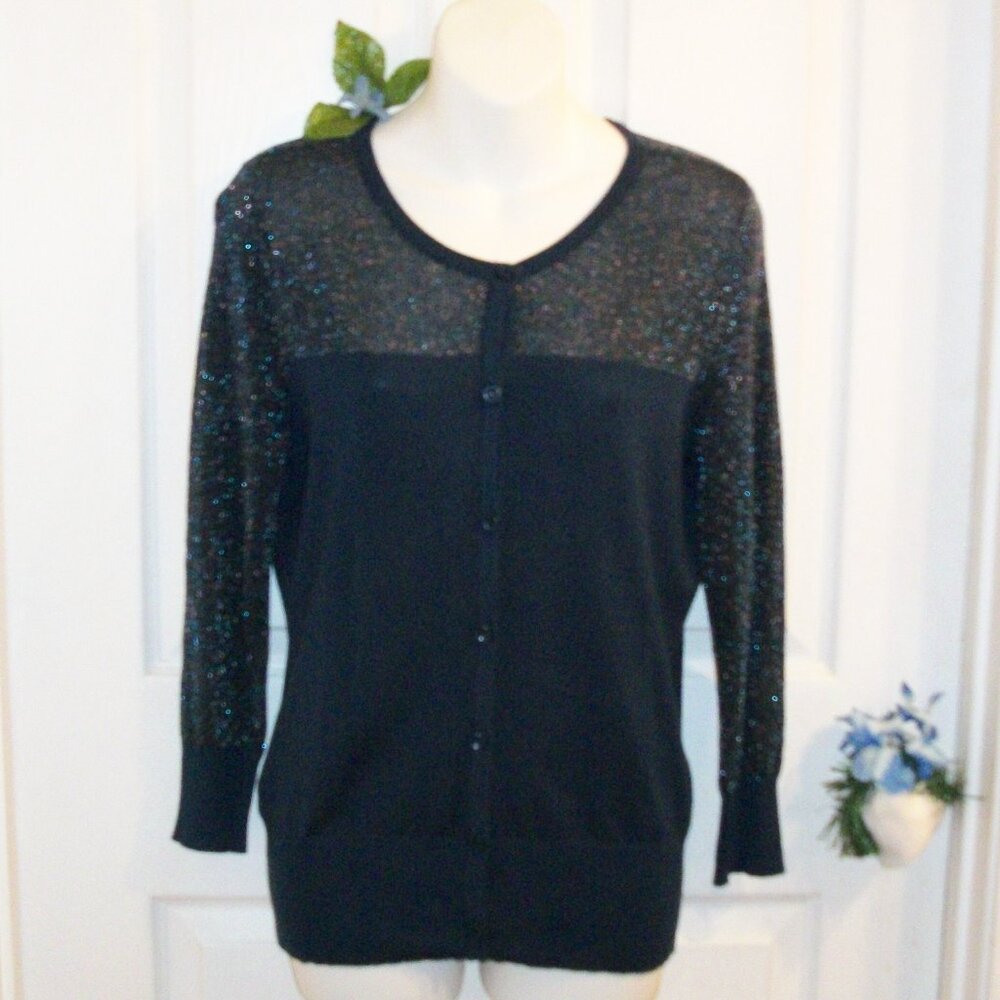 LOVE by DESIGN NWT Sz M Button Front Knit Cardigan Sweater Blue & Metallic Lurex